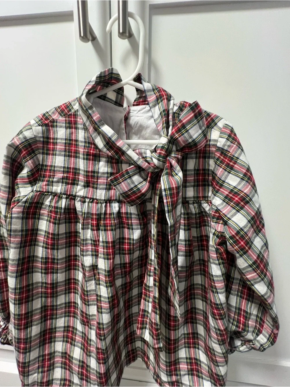 Girls Plaid Bow-Front Blouse in Red, Green & White